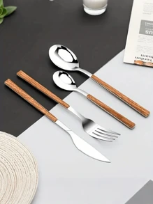 12pcs/Set Stainless Steel Flatware Set With Faux Wooden Handles - Includes Knives, Forks, Spoons And Coffee Spoons - Dishwasher Friendly, Suitable For Home, Restaurant And Party Use,School Supplies - Multicolor - View 2