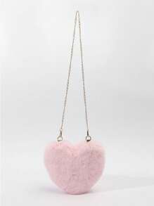 Pink Plush Heart Shaped Kids Crossbody Bag, Simple & Practical Multi-Functional Girls Furry Wallet, Ladies Soft Little Shoulder Bag Clutch Bag With Metal Chain, Perfect Funny Novelty & Prank Gifts, Autumn Wallet, Valentine's Day Gift