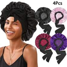 Awegeo 4 件装女士缎面软帽，带可调节黑色系带扣 - 纯色丝绸睡帽，用于保护头发、舒适居家和日常使用