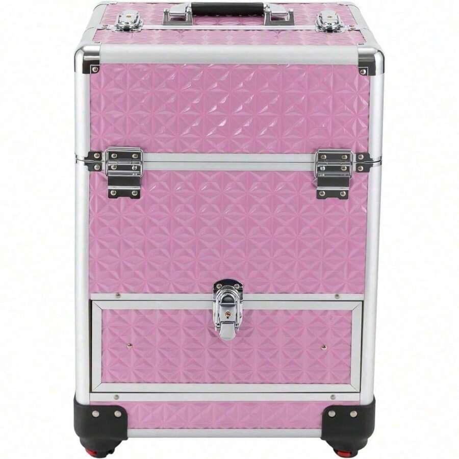Pink Portable Rolling Makeup Train Case, Large Capacity Nail Salon Tool Organizer With Drawers, Lockable Multi-Functional Travel Trolley Case​