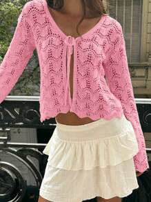 Women's Beach Cover Up Cover Up - Hollow Out Knitted Top With Bow Tie, V-Neck Loose Drop Shoulder Design, Crochet Bikini Crop Top, Tie Front Flare Sleeve Knit Shawl, Plus Size Girls Ruffled Knitted Shrug, Spring/Summer/Autumn - Pink - View 3