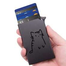 超薄 RFID 屏蔽铝制钱包，男女适用 - 黑色，带有可爱猫咪设计，弹出式卡夹，防盗保护，非常适合商务信用卡，女士小钱包，钱包，迷你钱包，钱包，卡包 - 彩色 - 查看 2