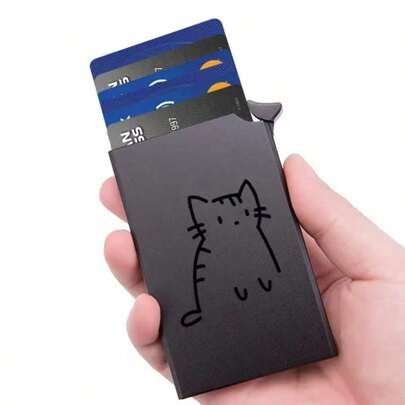 超薄 RFID 屏蔽铝制钱包，男女适用 - 黑色，带有可爱猫咪设计，弹出式卡夹，防盗保护，非常适合商务信用卡，女士小钱包，钱包，迷你钱包，钱包，卡包
