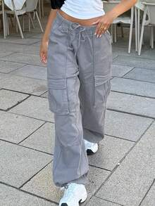 Women's High Waist Drawstring Large Pocket Casual Cargo Pants - Light Grey - View 3