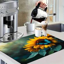 1 件花卉图案咖啡机和用具干燥垫 - 吸水聚酯桌面保护垫，带橡胶耐热垫，适用于厨房柜台装饰 - 家庭、酒吧和餐桌餐垫