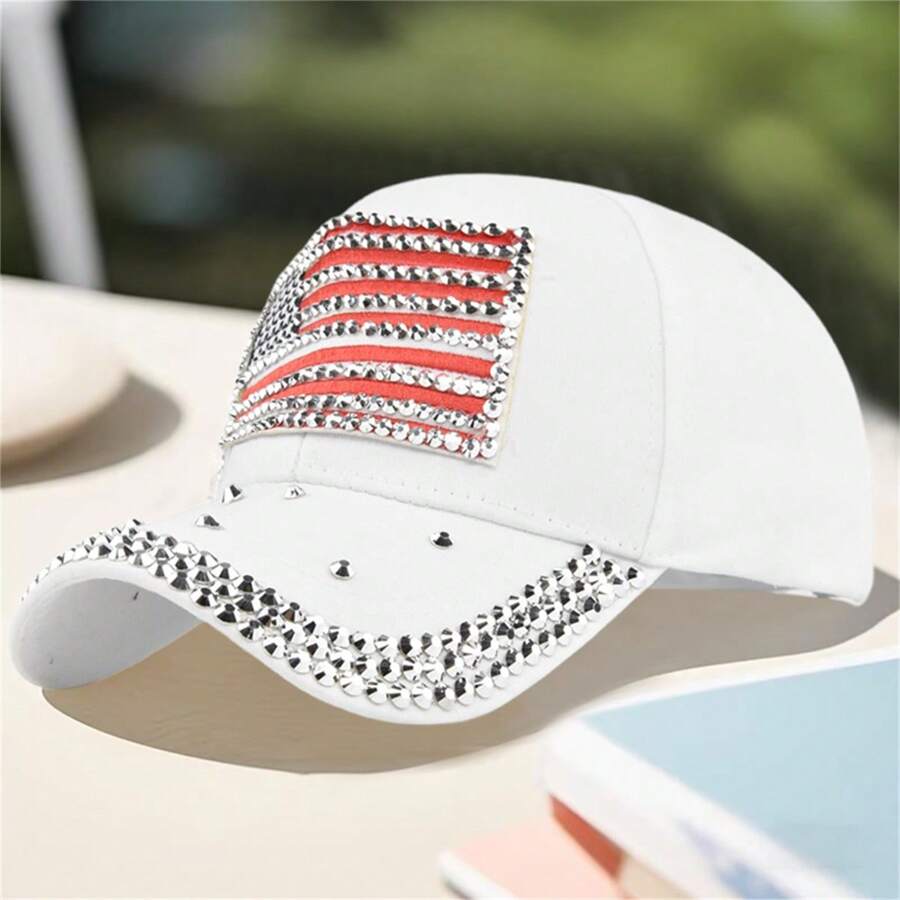 Patriotic Baseball Caps For Men Women Independence Day Flag Rhinestone Cap Sports Dad Hats Adjustable Trucker Hat - White - View 1