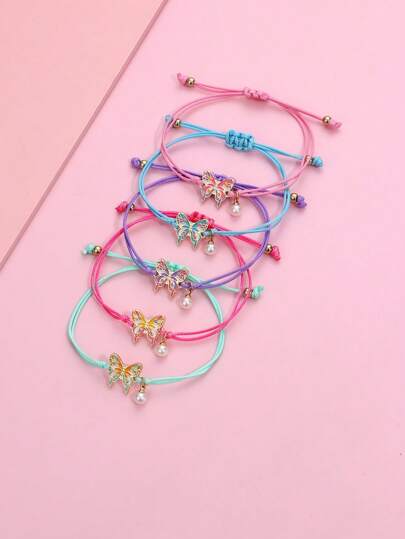 5pcs/Set Girls Butterfly Zinc Alloy Ombre, Faux Pearl Charm Colored Wax Rope Braided Bracelets Set, Lovely Jewelry Suitable For Daily Wear