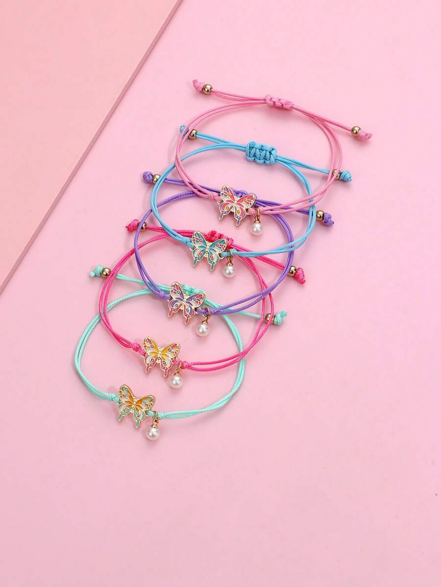 Set 5pcs Gelang Anak Perempuan Motif Kupu-kupu Ombre dari Paduan Seng, Liontin Mutiara Imitasi, Tali Lilin Berwarna-warni, Perhiasan Cantik Cocok untuk Pemakaian Sehari-hari - MultiWarna - View 1