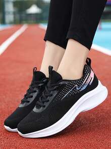 Women's Casual Sports Running Textile Shoes, Breathable Mesh Design, Anti-Slip MD Sole, Comfortable For Outdoor, Commute, Shopping In All Seasons - Black - View 3
