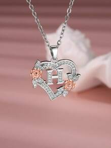Tsnamer 1 Stück exquisiter Halskette mit kubischem Zirkonia-Initialen und herz-geschnitztem 26 Buchstaben A-Z sowie Blumen, Damen Schmuck für den täglichen Gebrauch