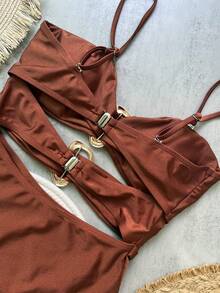 Einteiliger Badeanzug Einfarbig, asymmetrisches Metall-Accessoire, Europäischer & Amerikanischer Stil Frauen Bikini - Braun - Übersicht 5