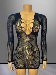 Lingerie Set - Sexy Sheer Mesh See-Through Bodysuit & Mini Skirt For Intimate Apparel - Black - View 6