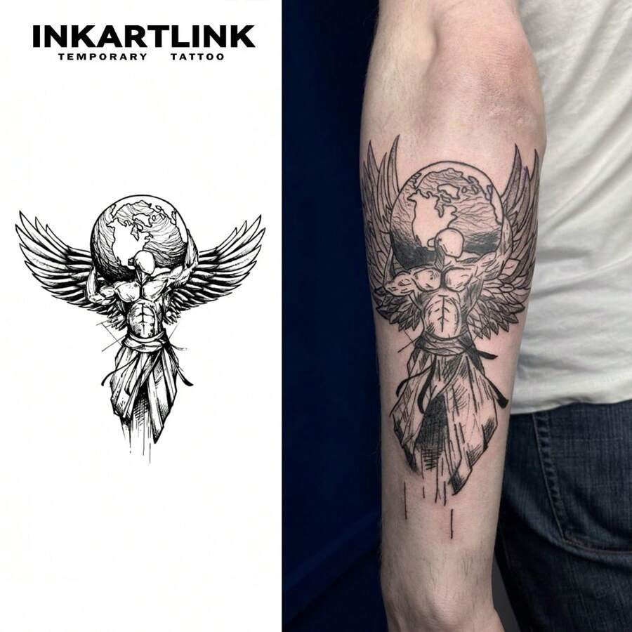 INKARTLINK 14*14cm 1 hình xăm tạm thời hình thiên thần trái đất nước ép thảo dược, hình xăm ma thuật, hình xăm 15 ngày, hình xăm bán vĩnh viễn, hình xăm giả chân thực, lâu dài 1-2 tuần