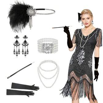 20 件女士 20 世纪 20 年代配饰套装：长袍、了不起的盖茨比风格羽毛头饰、人造珍珠项链、手套舞会万圣节