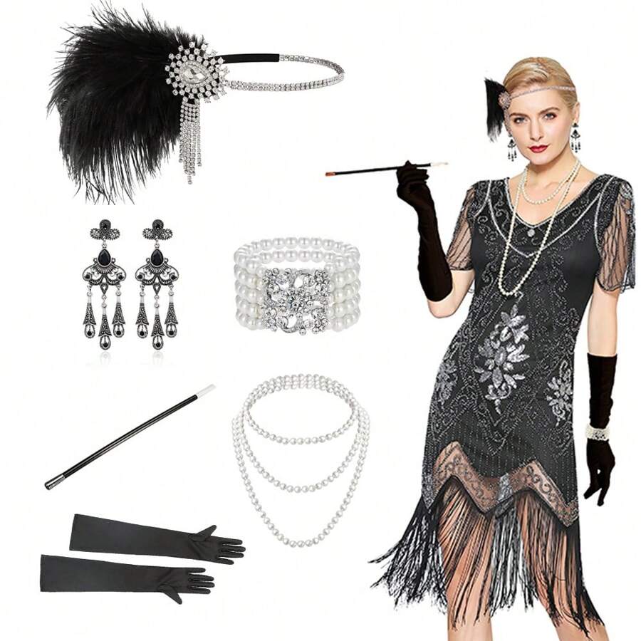 20 件女士 20 世纪 20 年代配饰套装：长袍、了不起的盖茨比风格羽毛头饰、人造珍珠项链、手套舞会万圣节