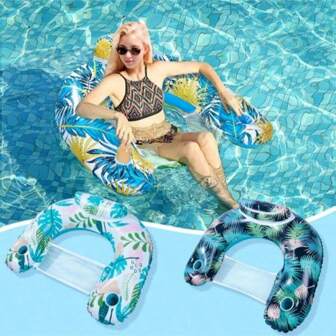 Printed Inflatable U-Shaped Lounger For Water Sports, Transparent Design, Portable Floating Bed Suitable For Beach, Swimming Pool, And Party Pool Float, Beach Essentials, Beach Accessories