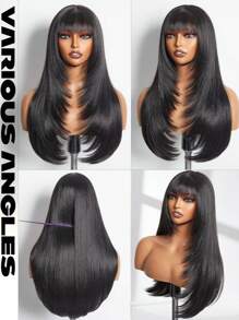 Glueless Black Wig With Bangs Long Straight Layered Wig Put On & Go Curtain Bangs Highlight Brown Long Straight Layered Wig With Bangs Mixed Brown Wear And Go Glueless Wig 28 Inch Long Straight Synthetic Wig For Women Daily Use - Black - View 2