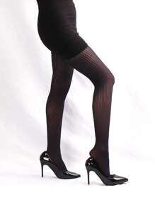 1 par de medias finas de mujer con rayas verticales - Negro - Ver 3