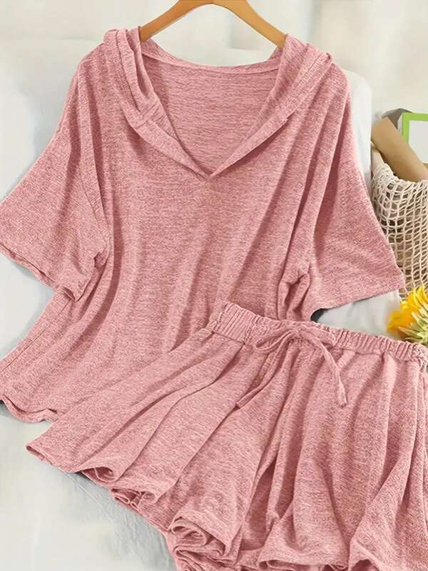 Conjunto de 2 peças de cor sólida, malha casual, decote em V, cordão, manga curta, moletom com capuz e shorts para mulheres, adequado para primavera, verão, outono, uso diário, esportes e lazer