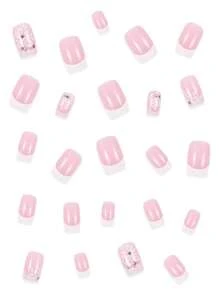 24 件浪漫新娘白色法式短方形按压式指甲，适合婚礼