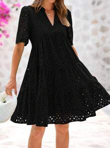 Women Summer Embroidery Eyelet  Short Dress V Neck Short Sleeve Hollow Out Lace Ruffle Tiered Flowy Mini Dress Solid White Casual Boho Bohemian Resort Beach Holiday Vacation Valentine Babydoll Mini Short Dress - 黑色 - 查看 4