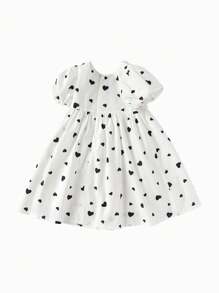 Balabala Girls' Puff-Sleeve High-Waist Dress, Cotton A-Line Summer Outfit - White and Black - View 2