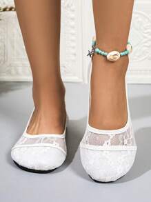 透气女士时尚平底鞋，带花卉刺绣 - 休闲系带玛丽珍鞋，纯色百搭且舒适，适合所有季节 - 白色 - 查看 2