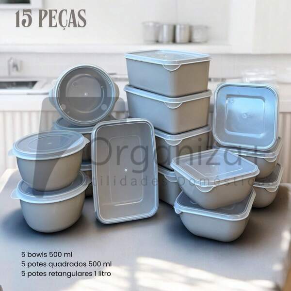 Kit 15 Peças 5 Potes Quadrados 500 ml 5 Bowls 500 ml 5 Retangulares 1 Litro Cozinha Organizada Vermelho