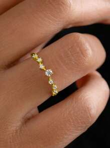 1pc Minimalist Micro Pave 7 Cubic Zirconia Round Stone Copper Ring, Suitable For Women Daily Wear Engagement Wedding Jewelry Gift