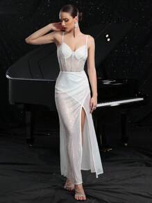 Women's Glamorous Mesh Sheer Rhinestone Splicing Colorful Sequins Slit Corset Bodice Party Maxi Dress, Perfect For Special Occasions,Gown,Formal,Evening,Wedding Guest - White - View 5