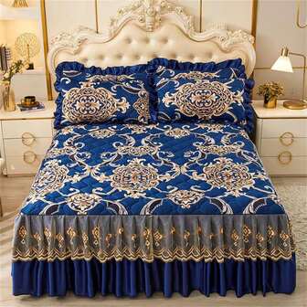 1 件水晶天鹅绒绗缝保暖印花床裙（不含枕套），秋冬季蕾丝边床罩，防滑花卉床单，适用于卧室和客房，可机洗