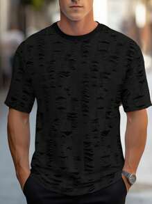 Men's Solid Color Round Neck Short Sleeve Casual Fashion Distressed T-Shirt