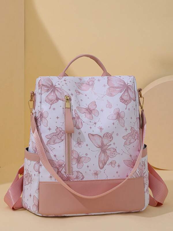 New Chinese-Style Butterfly Printed Sweet Backpack For Women, National Fashion , Stylish College Students' Backpack, Simple Outdoor Anti-Theft Waterproof Travel Vacation Commuting Office Multi-Purpose Multi-Functional Bag., Perfectly Matching With Backpack Accessories, Back To School Essentials, Bag For School College, Preppy Backpack For School