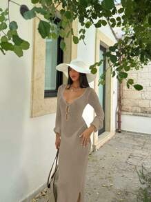 Women Solid Color V-Neck Backless Ruched Waist Bodycon Button Front Simple Daily Cover Up Long Dress Without Bikini, Summer Beach Vacation Women Sexy Crochet Sheer Maxi Boho Elegant Flowy Tie Sleeve Coverup Fall Hollow Out Dresses Relaxed Meshs, Spring Summer Fall