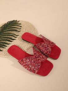 Sandalias planas con pedrería colorida de ajuste ancho para mujer, estilo casual de verano, pantuflas de terciopelo burdeos para mujer