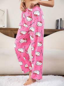 1pc Sanrio Character Series Fully Allover Print Hello Kitty Milk Silk Casual/Loungewear Pants, Cartoon Cat Loose Sleepwear Bottoms For Women - Hồng - Xem 3