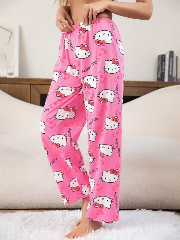 1 Stück Sanrio Charakter Serie mit Komplett-Allover-Muster Hello Kitty Milchseide Lässig/Loungewear Hose, lockere Cartoon Katze Schlafanzug Unterhose für Frauen