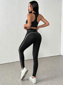 Set de 2 piezas con top corto sin espalda y mallas deportivas de cintura alta, conjunto casual de entrenamiento y acondicionamiento físico para exterior