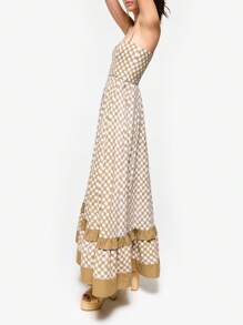 Boho Beach Vintage Plaid A-Line Dress Checkerboard Print Ruffles Trim Flowy Dress Women Sleeveless Spaghetti Strap Maxi Dress - Màu be - Xem 4