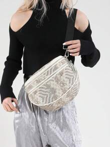 Fashion Double Zipper Fanny Pack, Women's Faux Leather Crossbody Bag With Wide Strap