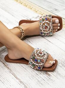 时尚女士金色水钻珍珠平底凉鞋舒适防滑沙滩旅行派对休闲加大码一脚蹬拖鞋 - 棕色 - 查看 3