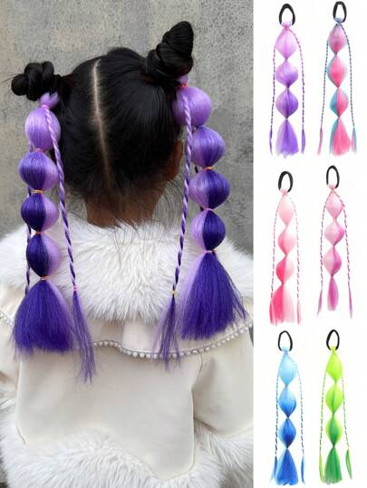 12 英寸合成彩色儿童泡泡假发，渐变色编织马尾辫，卷发，彩色泡泡马尾辫