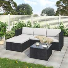 Flieks Garden Corner Sofa Rattan Garden Furniture Patio Set Garden Entertaining Set Garden Rattan Furniture Lounge Set - Black - View 4