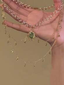 1pc Green Water Drop Faux Pearl Double Layer Necklace For Women, Luxurious Elegant Bone Chain