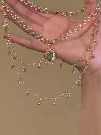 1 st Grön vattendroppe Faux Pearl Dubbellagershalsband för kvinnor, lyxig elegant benkedja