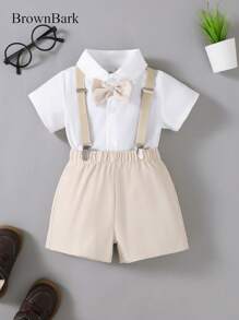 BrownBark 2pcs Baby Boys Gentleman Style Outfit Set, Bowknot Decor Casual Short Sleeve Shirt & Bib Shorts, Suitable For Birthday Party, Formal Occasion, Wedding, Christening, 1st Birthday Celebration, Daily Wear