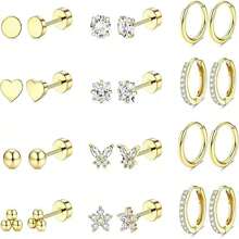 30pcs Small Hypoallergenic Flat Back Earrings, 14K Gold Plated Surgical Stainless Steel Earring Set, Unisex Screw Back Cartilage Earrings