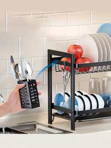 1-Pack Black 2-Tier Iron Dish Rack With Drain Board & Chopsticks Holder - Heavy Duty Kitchen Countertop Organizer, Large Capacity Utensil Drying Rack, Rust-Resistant Dish Drainer For Sink Side - Multicolor - View 4