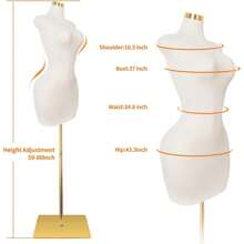 Maniquí femenino sexy, torso sujetable con alfileres y base de metal dorado, altura ajustable para exhibición de ropa, marrón - Beis - Ver 5
