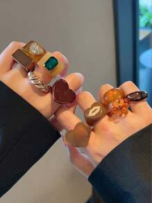 10pcs/Set Assorted Flower & Heart Shaped Resin Retro Rings, Unique Fashion Jewelry Rings For Women & Girls, Daily Wear